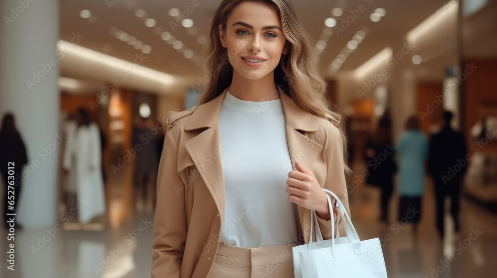 Beautiful woman with shopping bags in hands in the shopping mall.