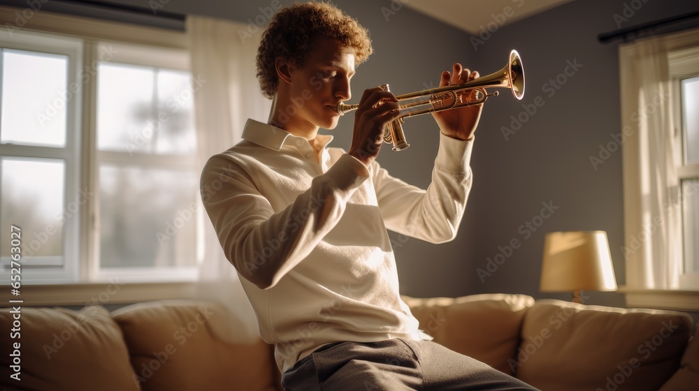 Beginner trumpet player practicing at home.