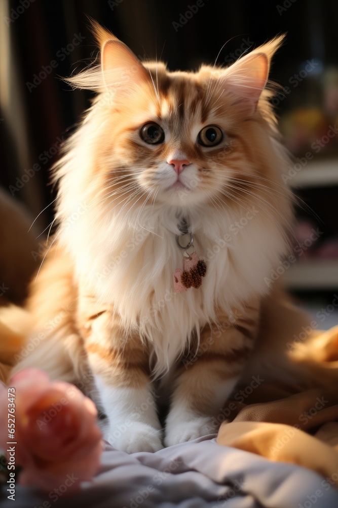 Brown cat is sitting on a bed.