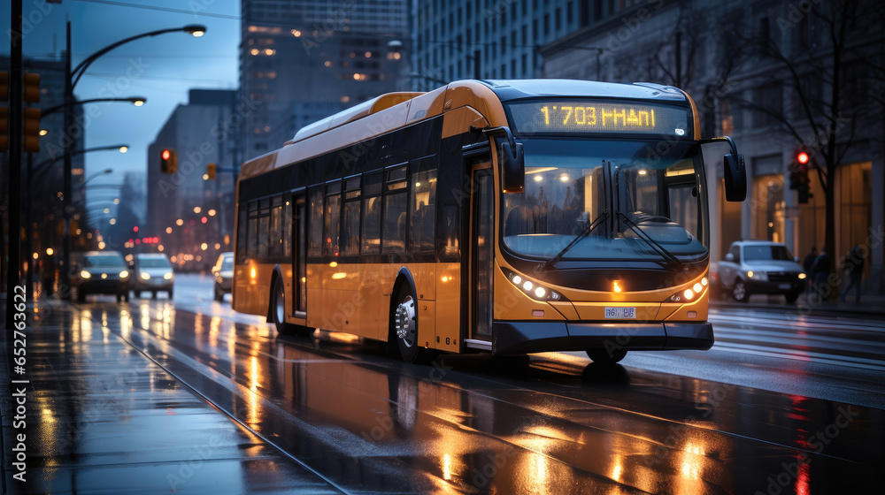 Bus car in a bustling urban intersection with intelligent traffic light.