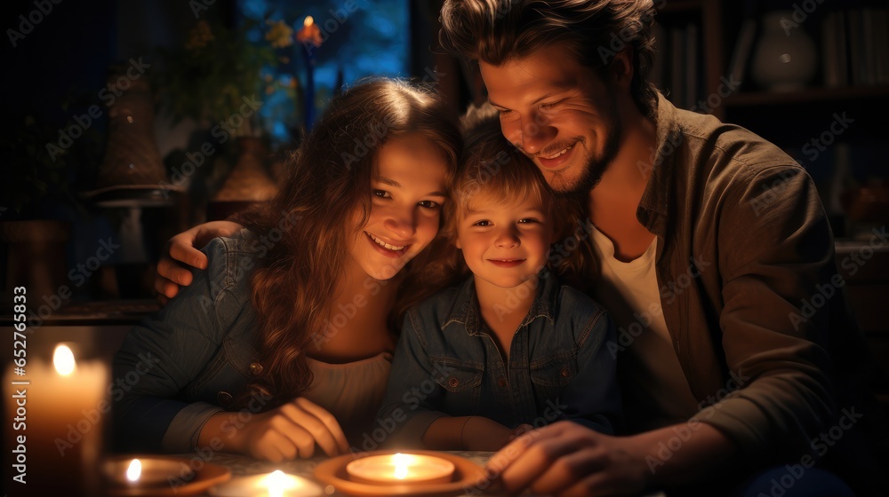 Portrait of family in a cozy living room with warm lighting.