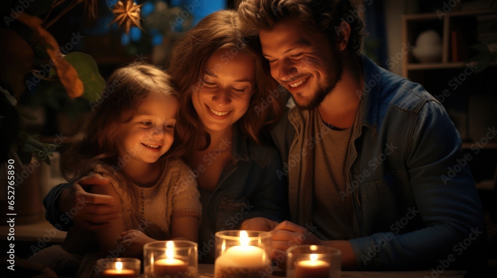 Portrait of family in a cozy living room with warm lighting.