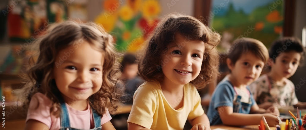 Group of happy children doing arts with crafts and activity.