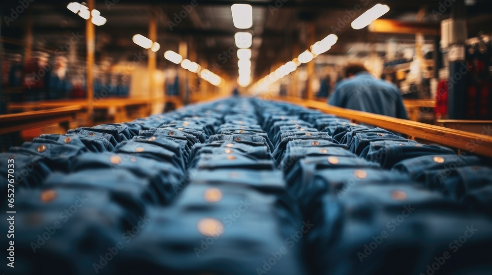 Jeans pants stacked in a jeans factory, Top view.