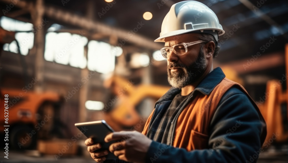 Engineer using a digital tablet on a construction site.