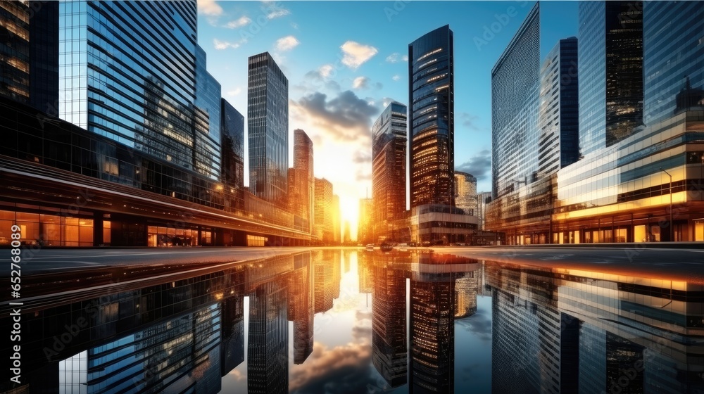 Modern sleek skyscrapers cityscape at sunset.