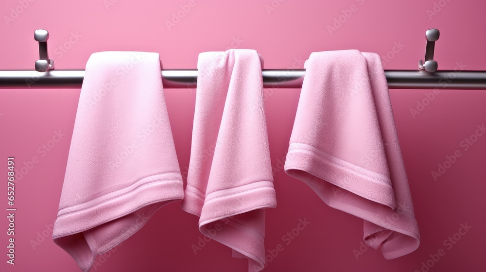 Pink Towel on hanger on pink background.