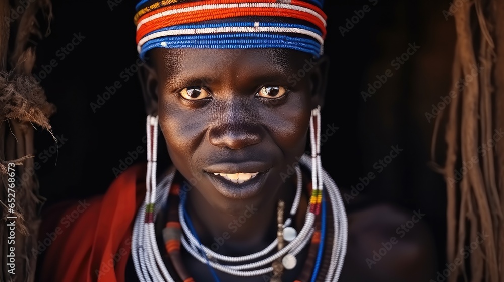 Portrait of Maasai mara man with traditional colorful necklace, Tribe, Ancient tribe.