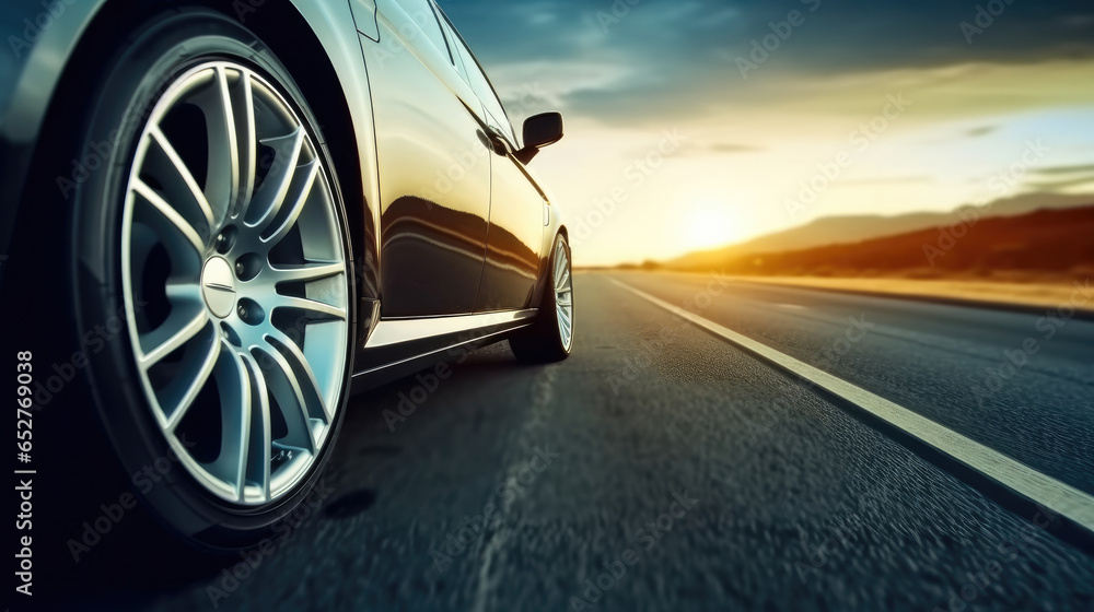 On the Road, Car tire speeding along country road sunset.