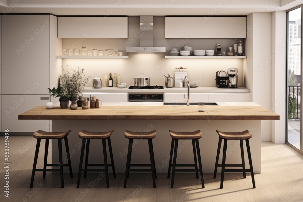 Interior decoration of kitchen in a minimalist nordic style.