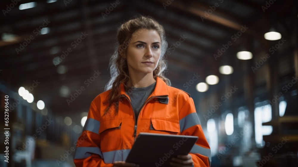 Engineer female doing inspection and working in a metal manufacture warehouse.