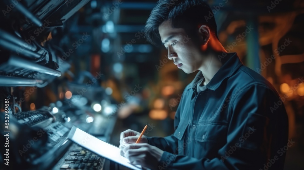 Chinese man using tablet computer writing code in a robot factory.