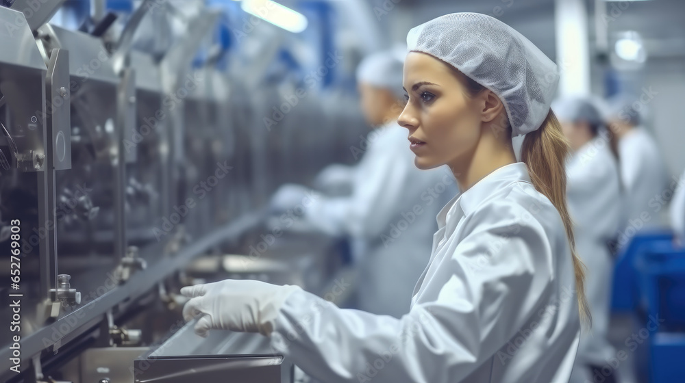 Young female worker operating machine units while working at clean food factory.