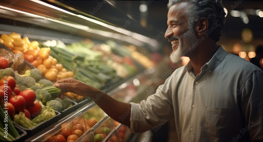 African American Mature man are choosing fresh fruits and vegetables in supermarket.