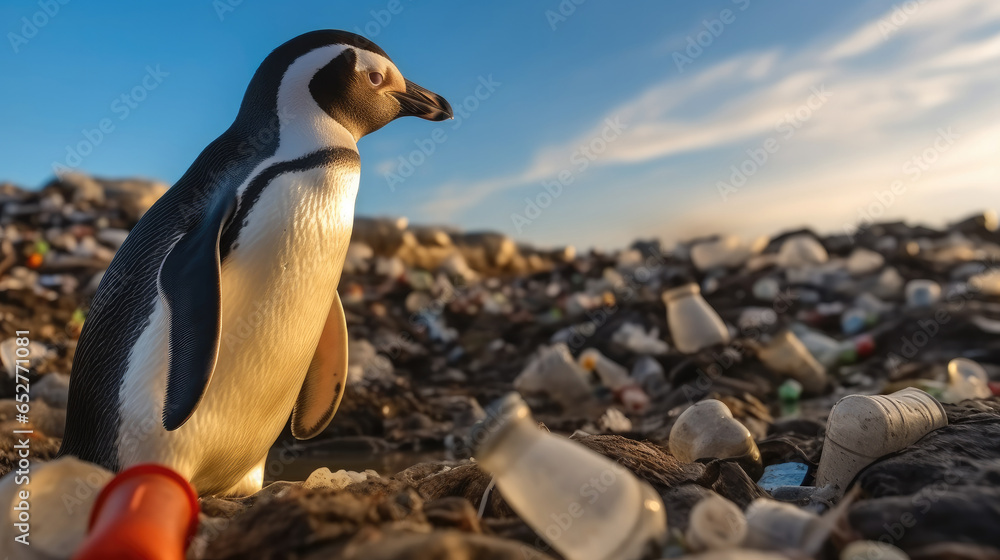 The penguin is standing on the shore with Marine plastic and polluted household garbage, Environmental disaster in sea.