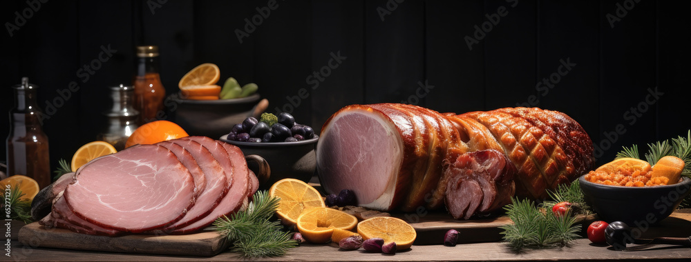 Christmas Dinner with Baked Glazed Ham with Mashed Potatoes, Traditional Christmas food.