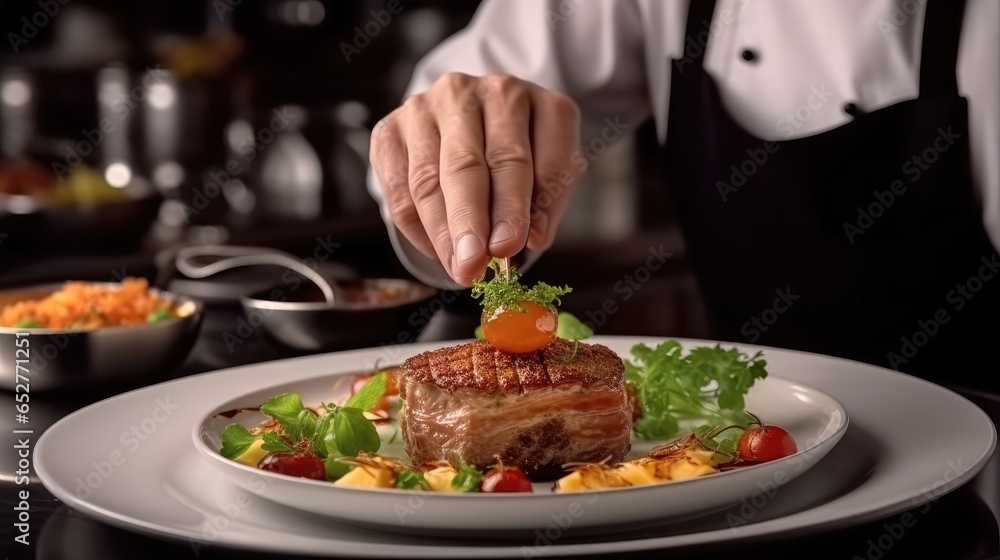 Making food, Chef is arranging food on a plate.