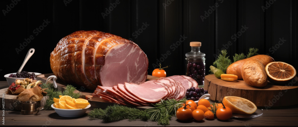 Christmas Dinner with Baked Glazed Ham with Mashed Potatoes, Traditional Christmas food.