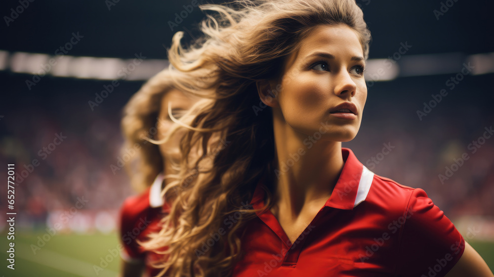 Women playing football game in large stadium.