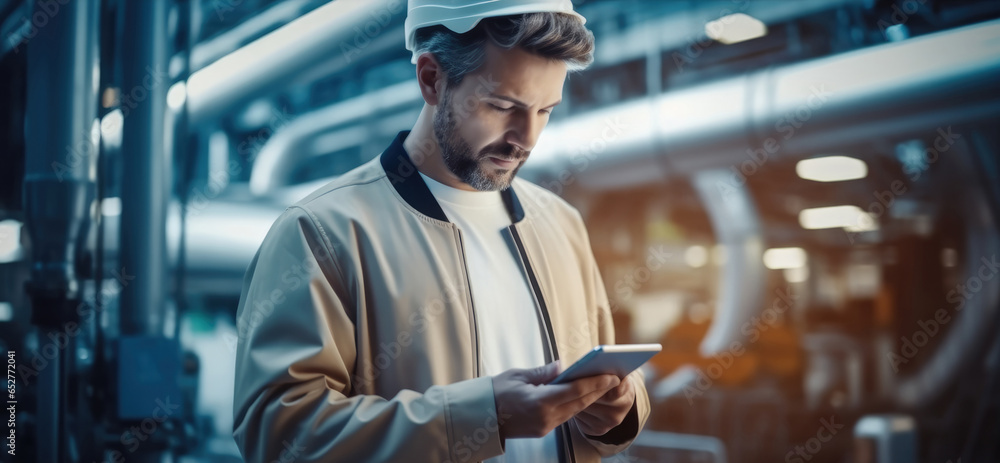 Worker with a tablet in his hands working in a modern factory.