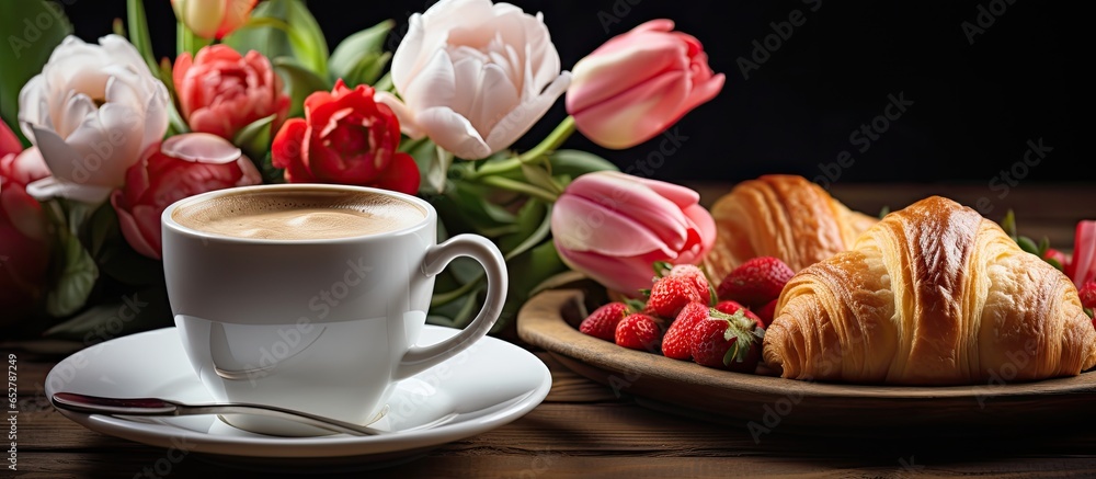 Mother s day celebration with breakfast coffee croissants strawberries tulips