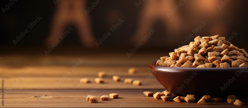 Dry puppy food in granule form shaped like a fish is placed in a bowl on a wooden floor