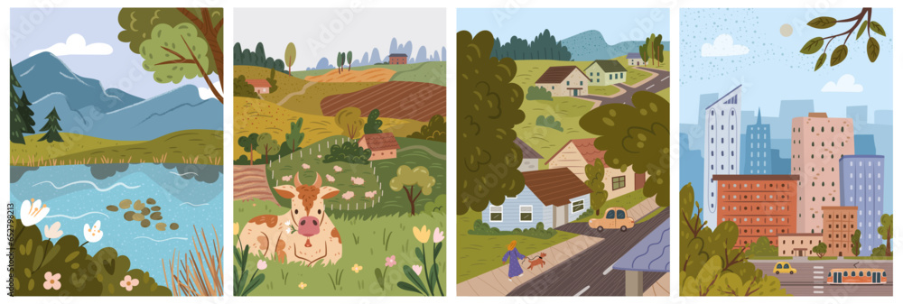 Landscape or scene of suburb or village, city downtown with skyscrapers and building apartment. View on farm and fields, cityscape and nature. Vector illustration in flat cartoon style