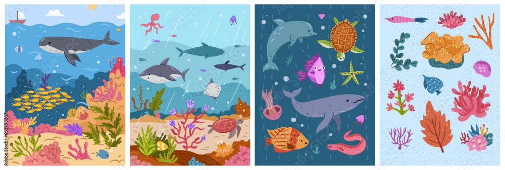 Underwater marine life, animals and fish, shark and turtles swimming in ocean or sea. Weeds and coral reef on bottom of water, biodiversity. Vector illustration in flat cartoon style