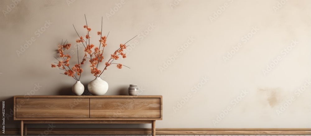 Minimalistic concept of a living room with a wabi sabi interior featuring a wooden console vase with paper flowers accessories and empty area for copy Template