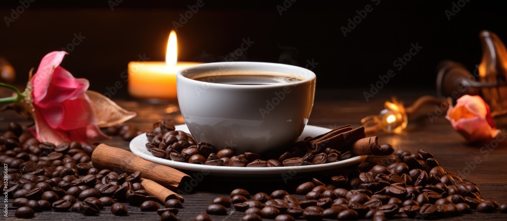 Warm coffee in a white cup with coffee beans on a wooden table in a cozy well lit setting against a dark background