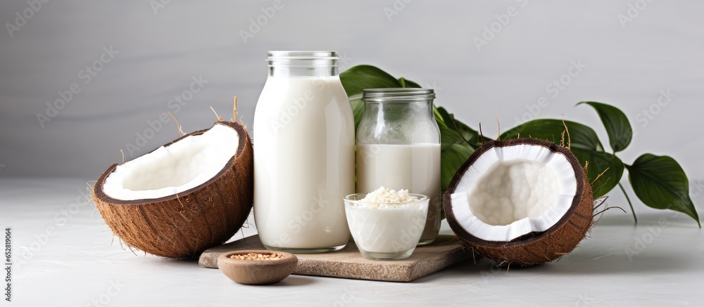 Coconut based vegan products milk yogurt and chips on a white backdrop