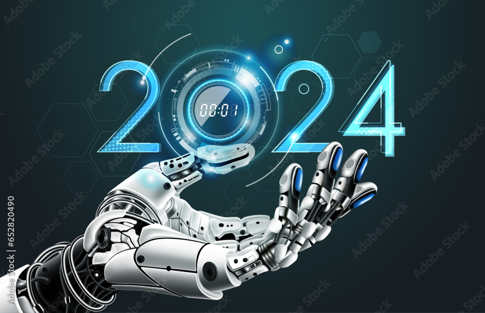 New AI technology trends in 2024 concept. Artificial Intelligence robot hand holding 2024 New Year technology, Can adjust digital number, vector illustration