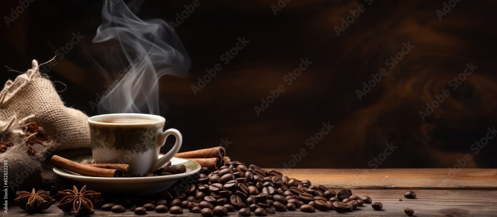 Coffee cup with smoke and beans on burlap on wooden background