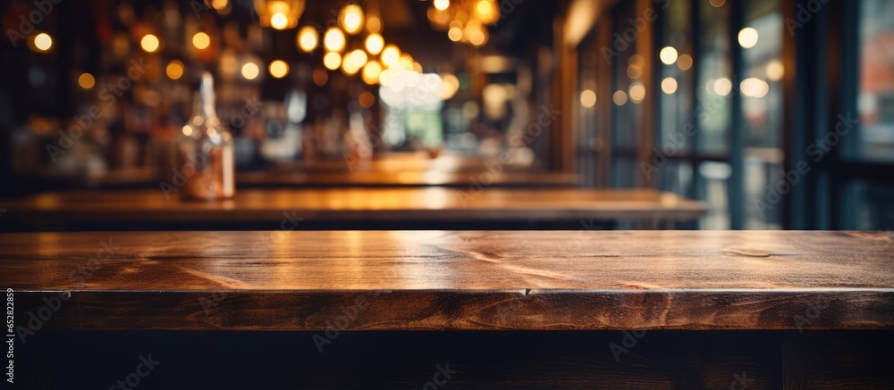 Blurry cafe background with empty wooden table