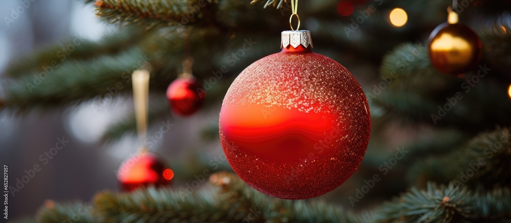 Festive ornament hung on fir branches