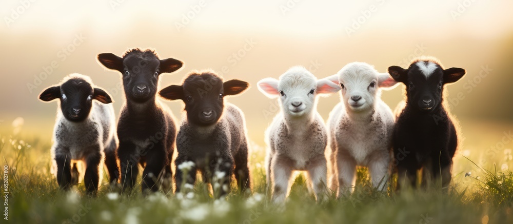 Diverse black and white lambs on spring pasture representing new life