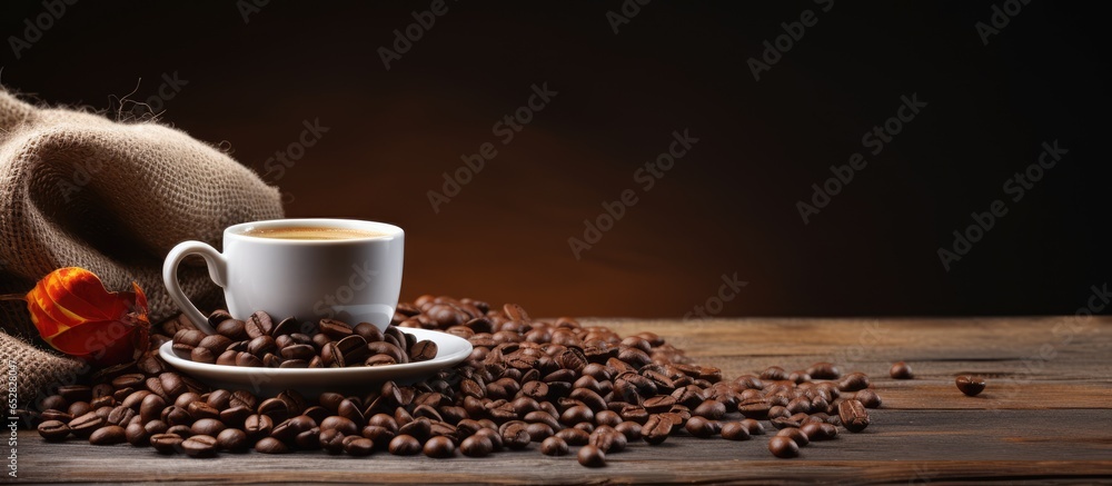 Vintage color tone coffee cup and beans on wooden table with sack background