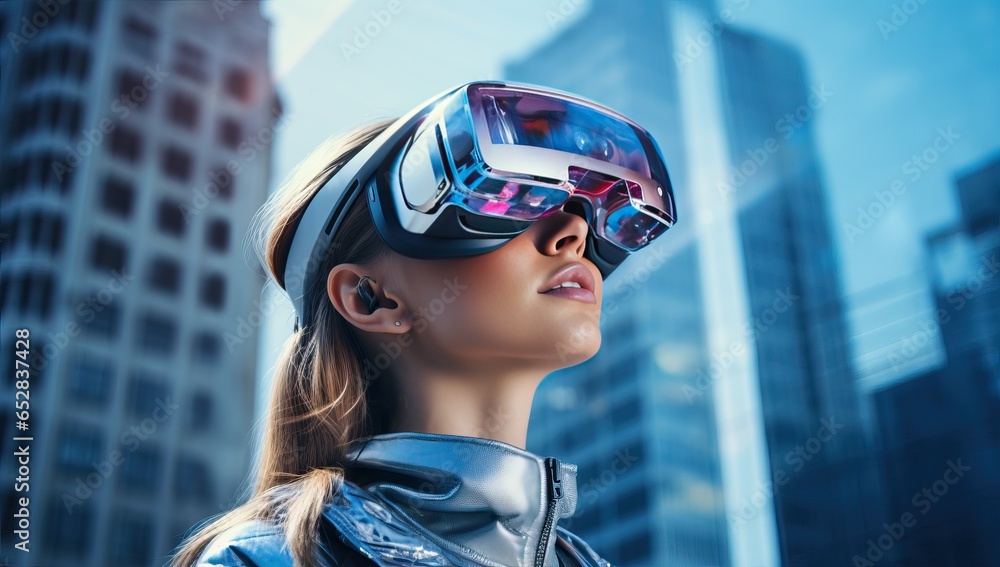 Young woman in virtual reality glasses on the background of skyscrapers