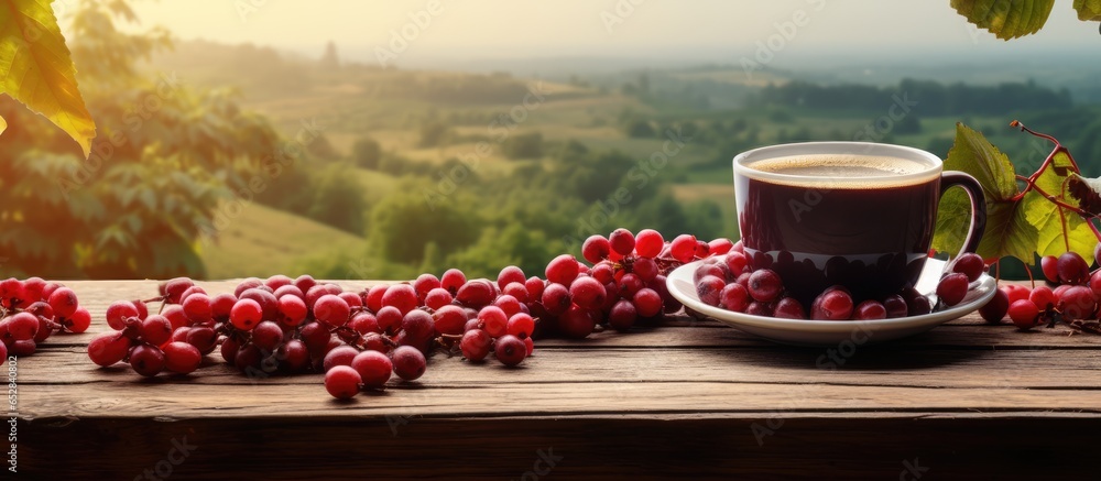 Fresh organic red coffee beans on a wooden table with copy space