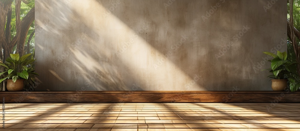 Rendered wood wall with concrete floor backdrop hides tropical garden sunlight enters room