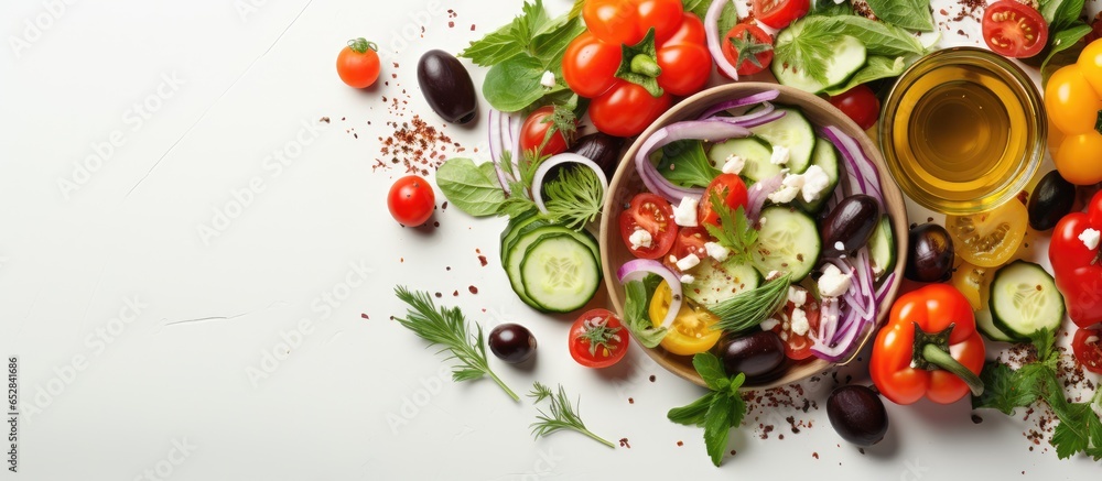 Healthy Greek salad with cucumber tomato sweet pepper lettuce red onion feta cheese olives and olive oil on white background