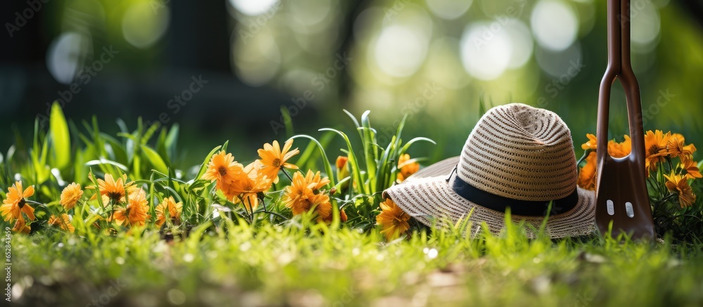 Garden tools and hat on grass in garden