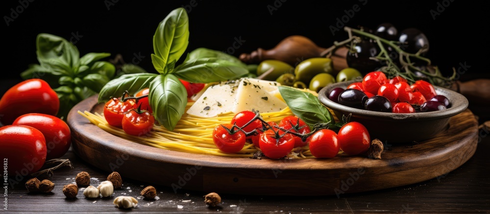 Mediterranean cuisine displayed on a round wicker tray featuring fresh basil tomatoes parmesan olives olive oil spices and spaghetti pasta set against a white background