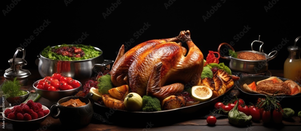 Top view of a festive dinner with roasted chicken and various vegetable dishes for Christmas or New Year