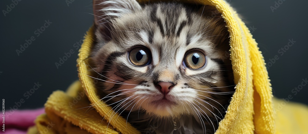 Adorable gray tabby kitten with yellow eyes recently bathed and wrapped in pink towel against a gray backdrop