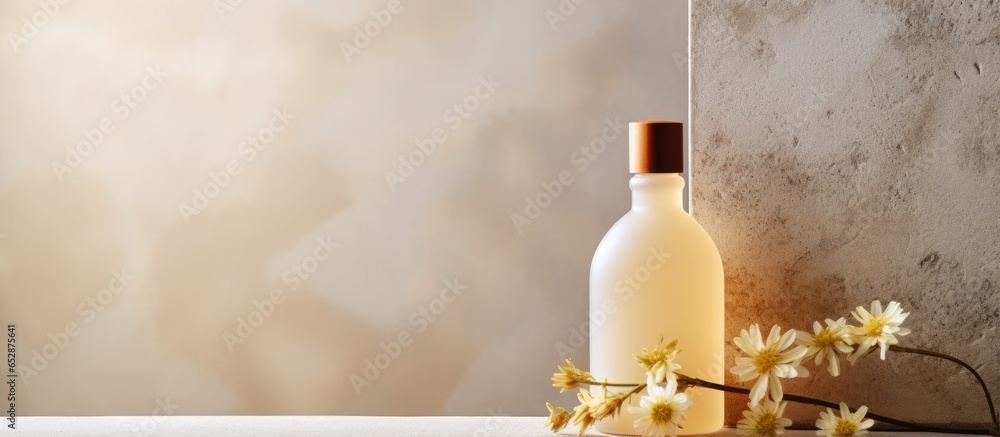 Minimalist beauty therapy concept with organic serum oil cosmetics bottle on stone complemented by flowers and neutral background Skin and face treatment product composition