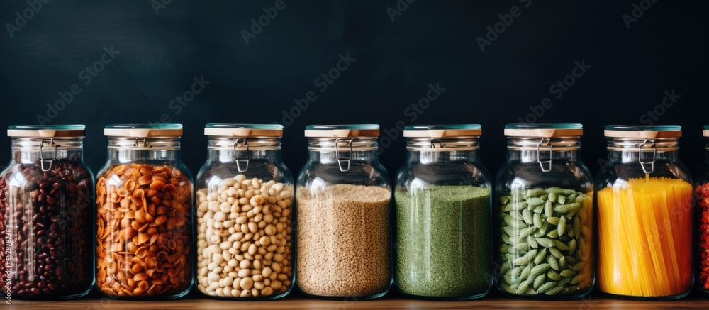 Glass jars in pantry for kitchen storage and organization of pasta grains and organic food Prepare nutritionally with glass containers for plastic free zero waste home cooking