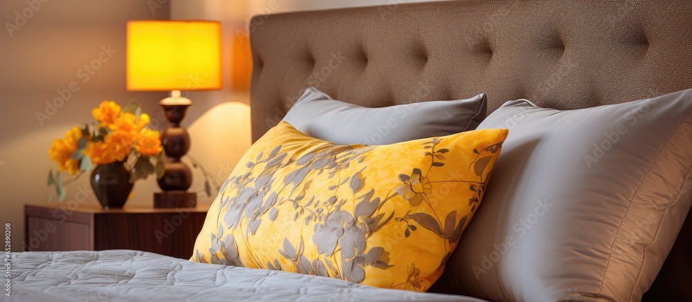 Cozy bedroom with a floral headboard and torch giving a welcoming feel