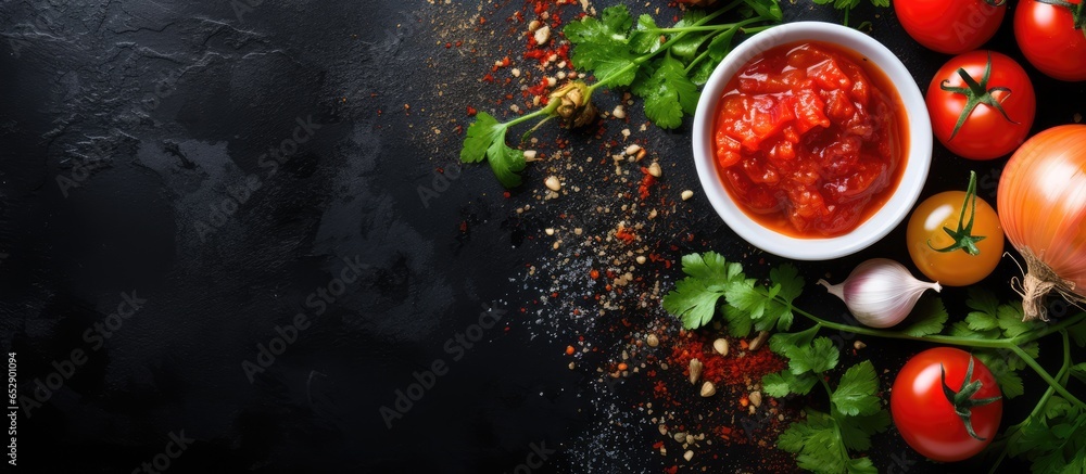 Homemade tomato sauce with ingredients arranged flat with space for text