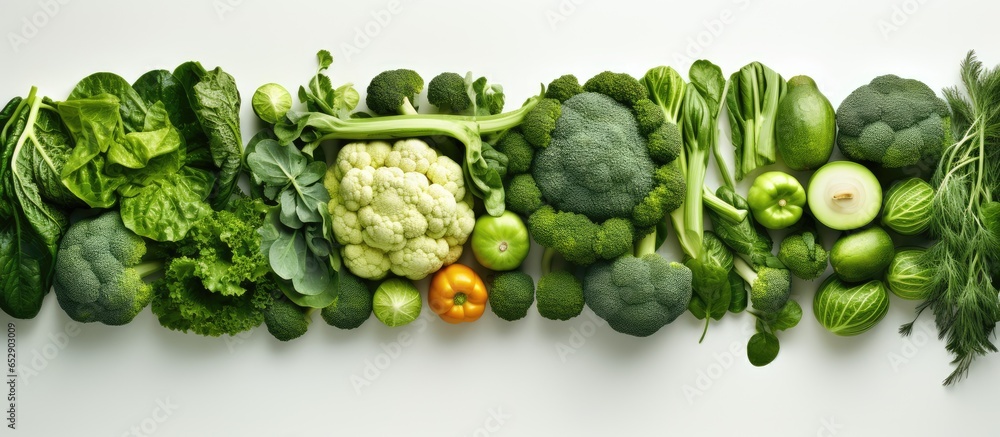 Flatlay of various green vegetables organic and fresh